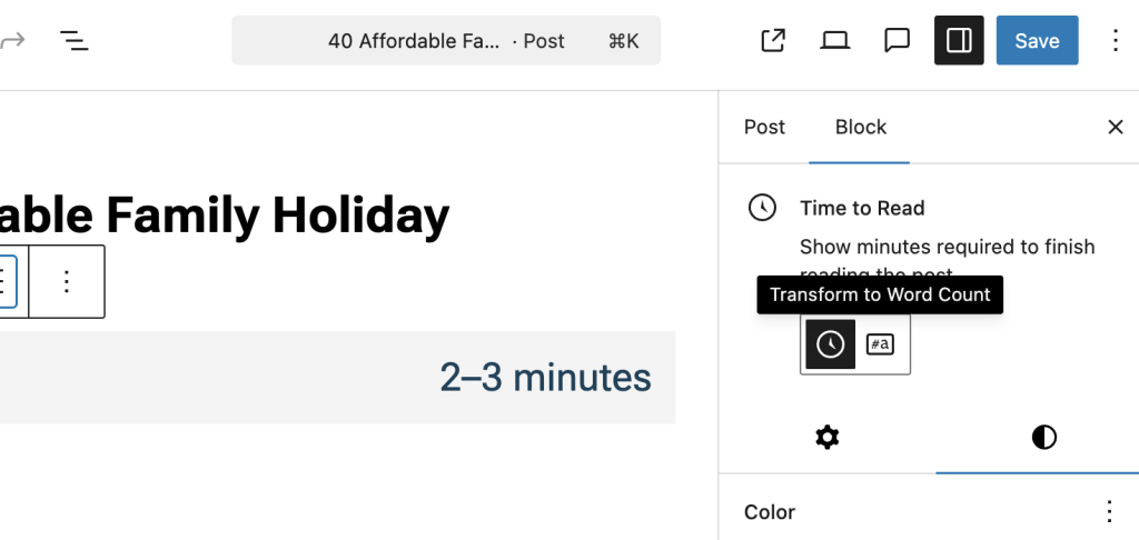 Ekraanipilt WordPressi postituse lugemisaja hinnangu plokist, mis näitab, et postituse lugemine võtab umbes 2 kuni 3 minutit.