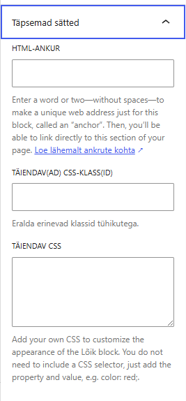 Ekraanitõmmis külgmenüüst, kus on näha "Täpsemad sätted" ning selle all ka uued võimalused: "Täiendavad CSS klassid" ning "Täiendav CSS"